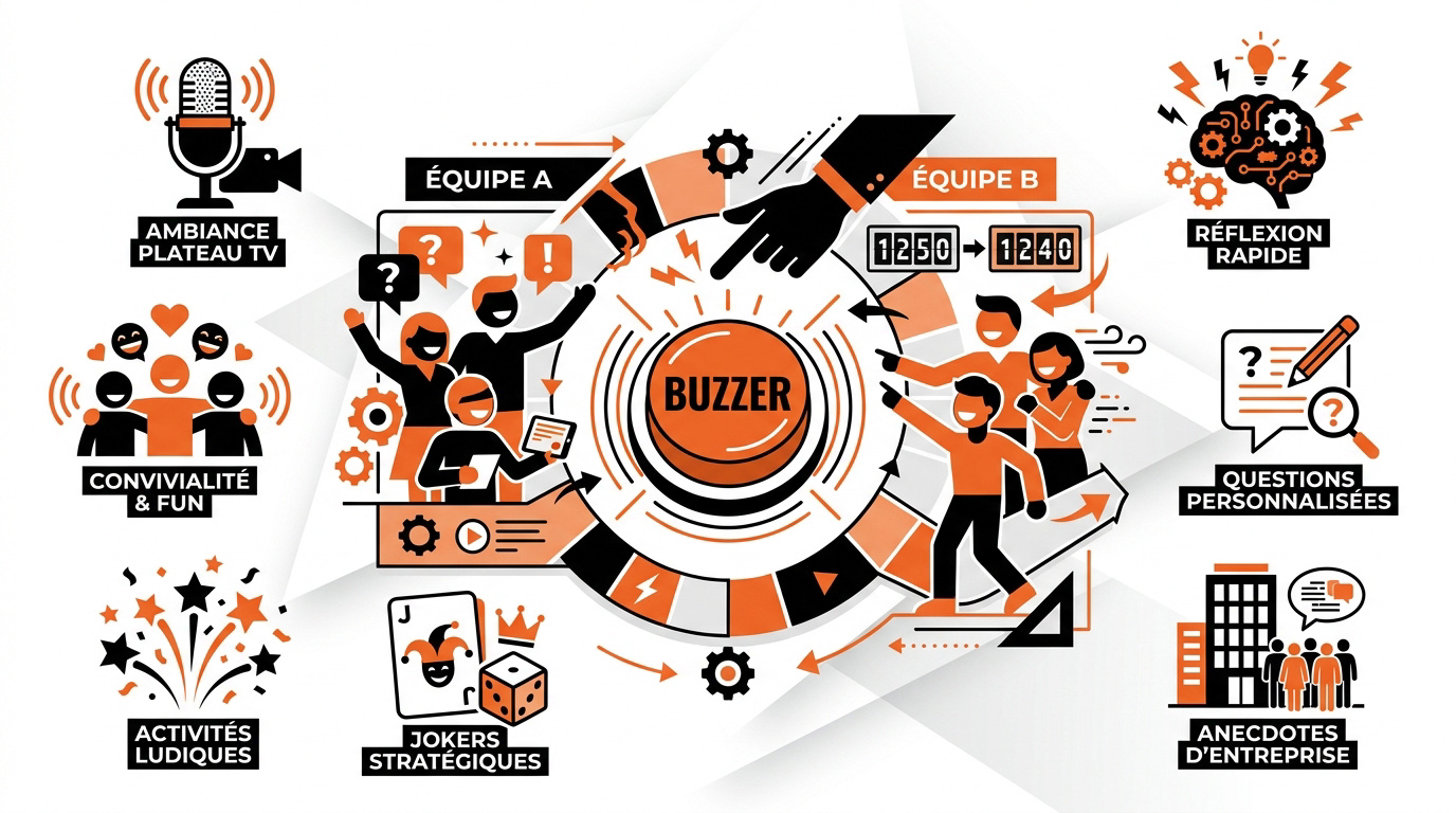 Collaborateurs s'amusant autour d'un buzzer de quiz en entreprise à Aix-en-Provence