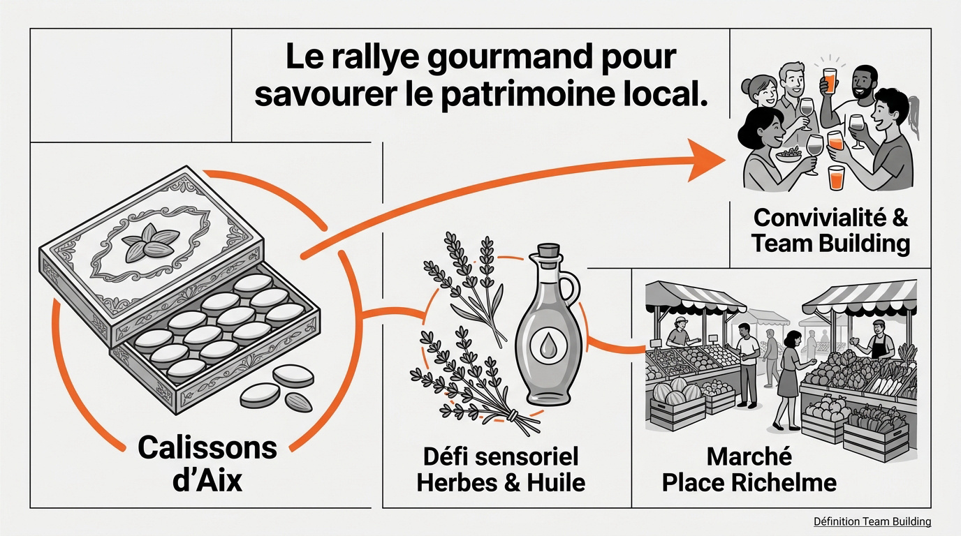 Équipe de collaborateurs participant à un rallye gourmand et dégustant des produits locaux à Aix-en-Provence