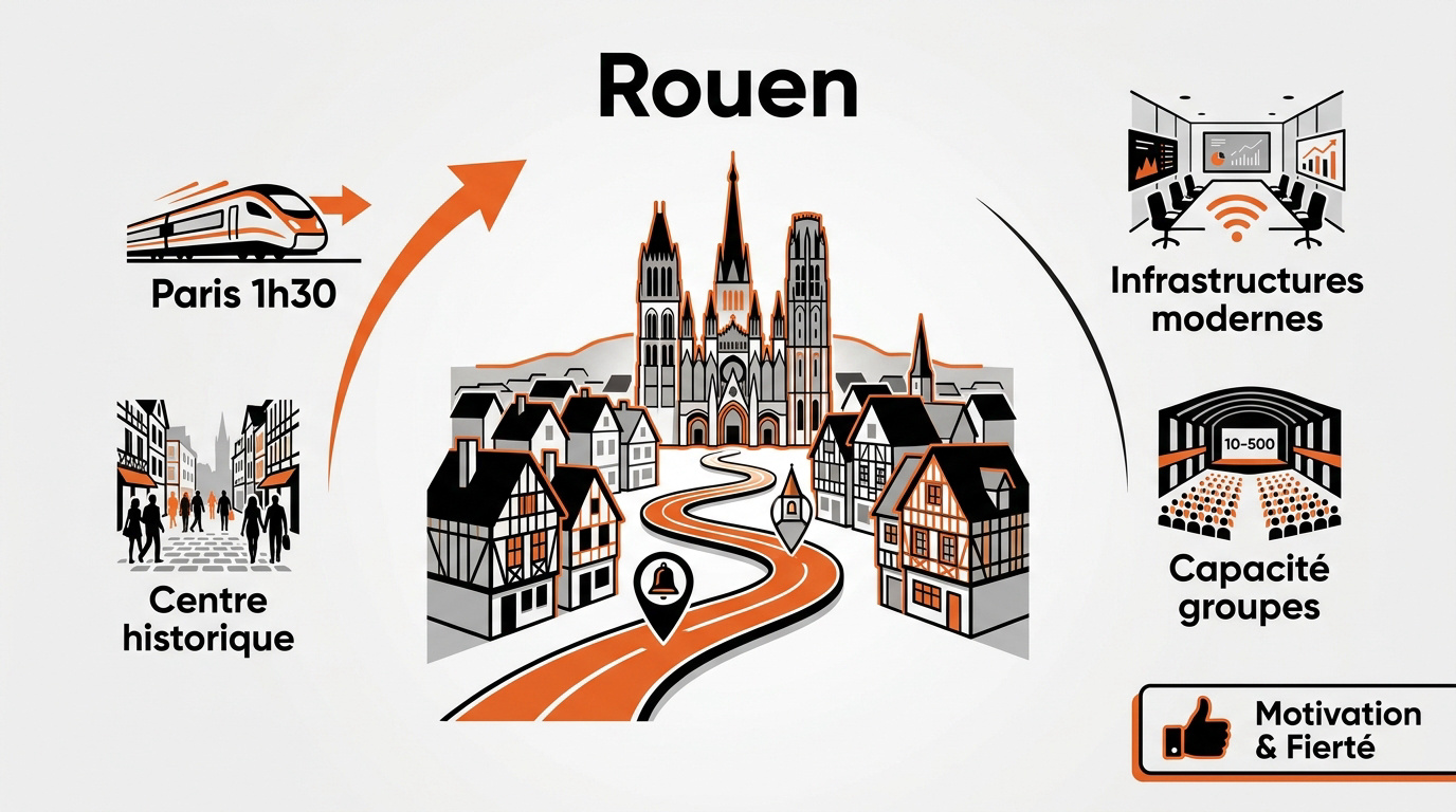 Vue aérienne du centre historique de Rouen et de sa cathédrale pour un séminaire d'entreprise