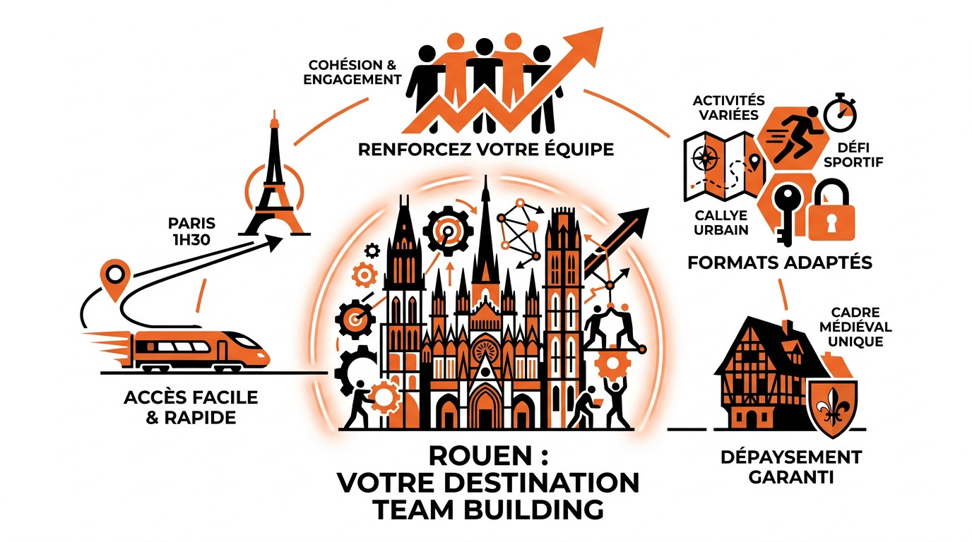 Activité team building dans les rues historiques de Rouen avec maisons à colombages