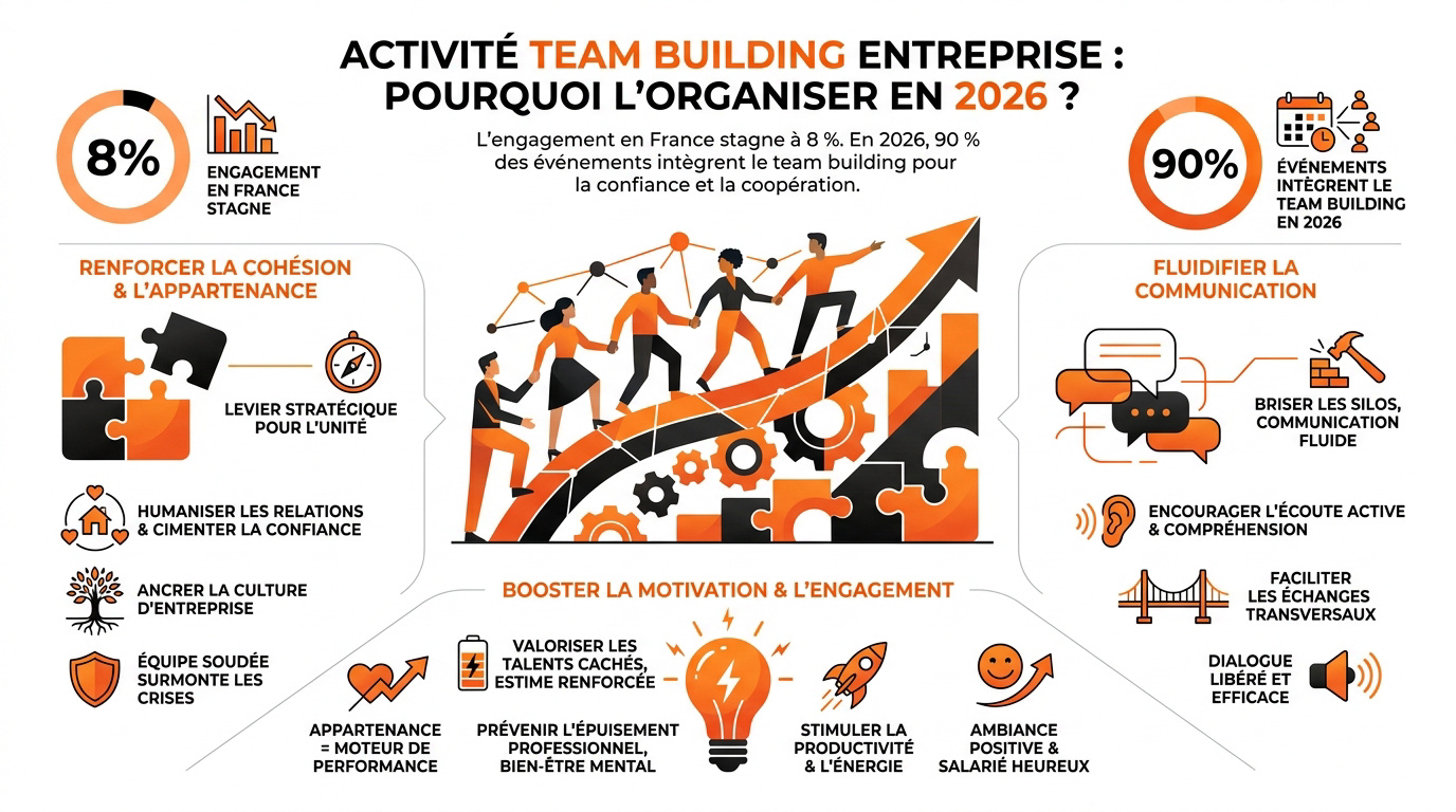 Collaborateurs unis lors d'une activité team building entreprise en 2026