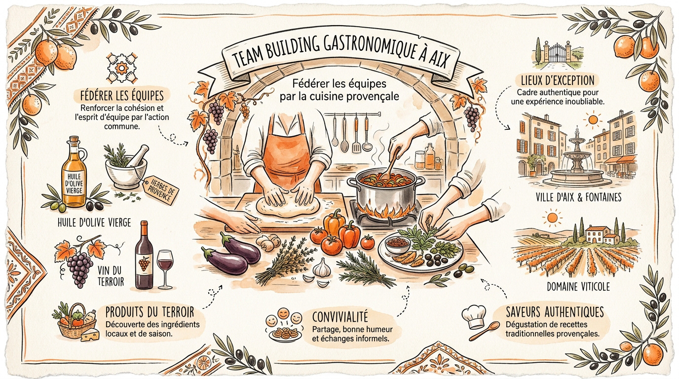 Collaborateurs participant à un atelier de cuisine provençale à Aix-en-Provence