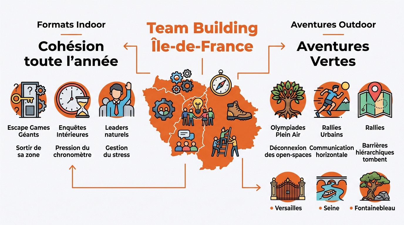 Collaborateurs participant à une activité de team building indoor et outdoor en Île-de-France