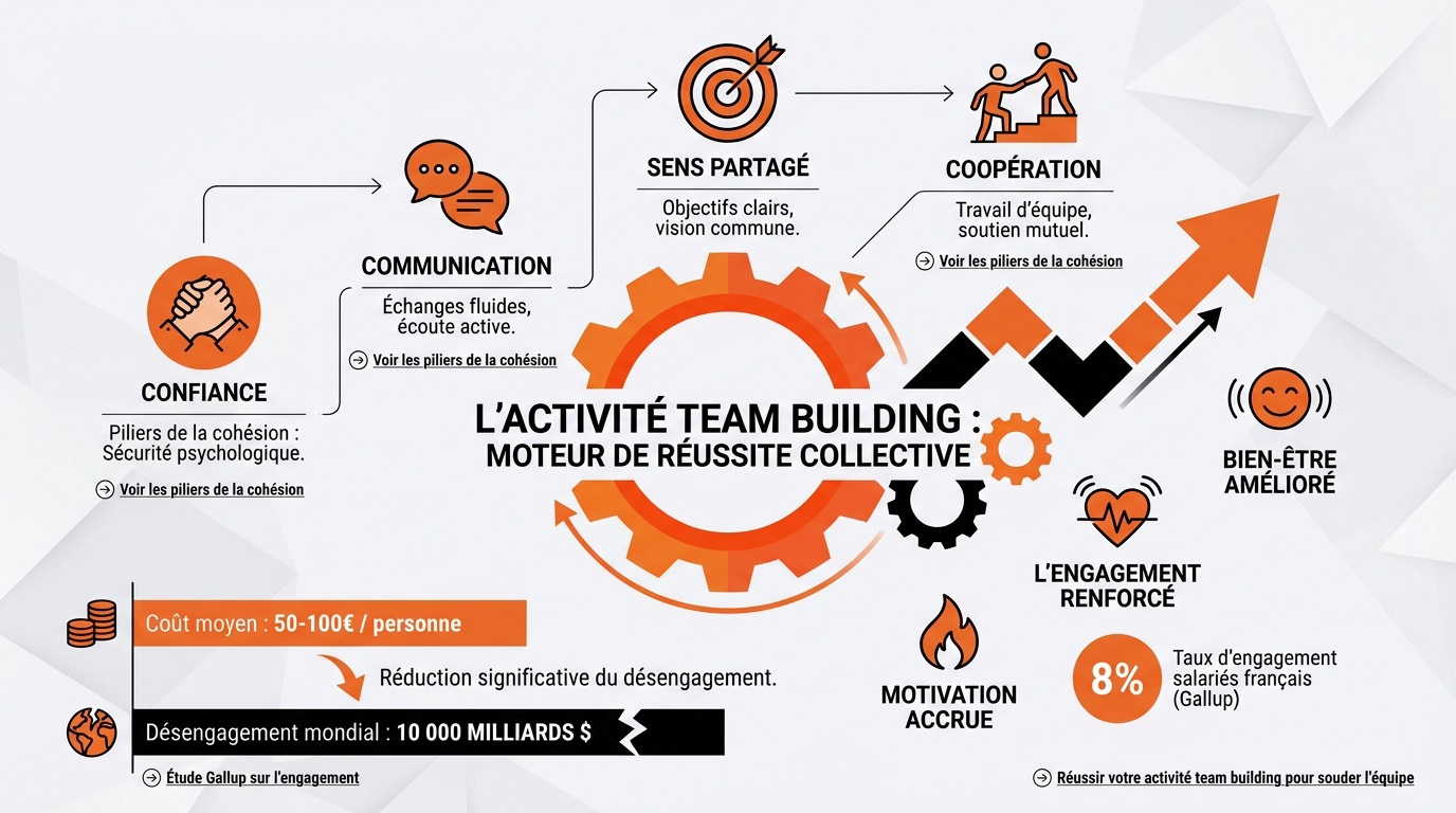 Collaborateurs unis lors d'une activité de team building en entreprise pour renforcer la cohésion
