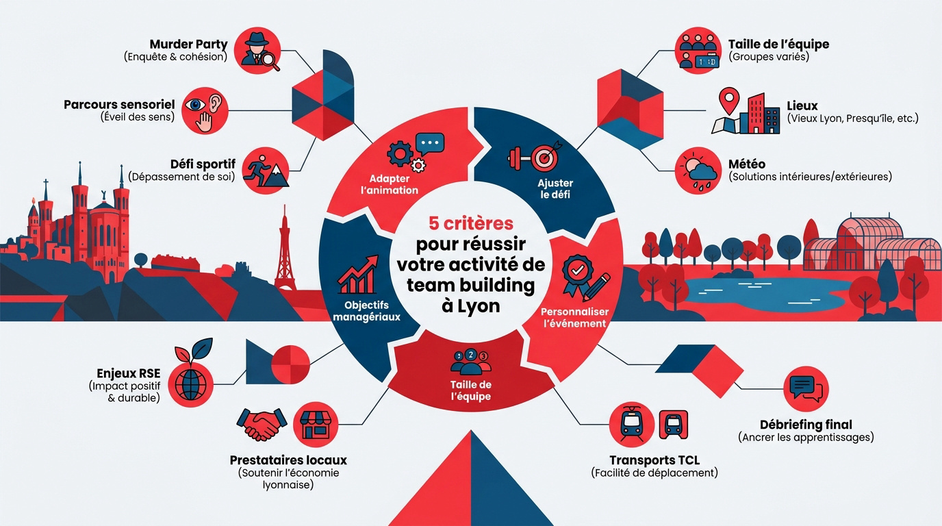 Infographie des critères de réussite pour un team building à Lyon