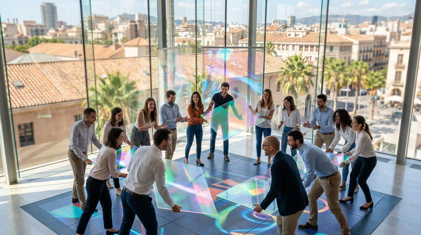 Groupe de collaborateurs manipulant des panneaux réfléchissants dans un espace moderne à Montpellier.