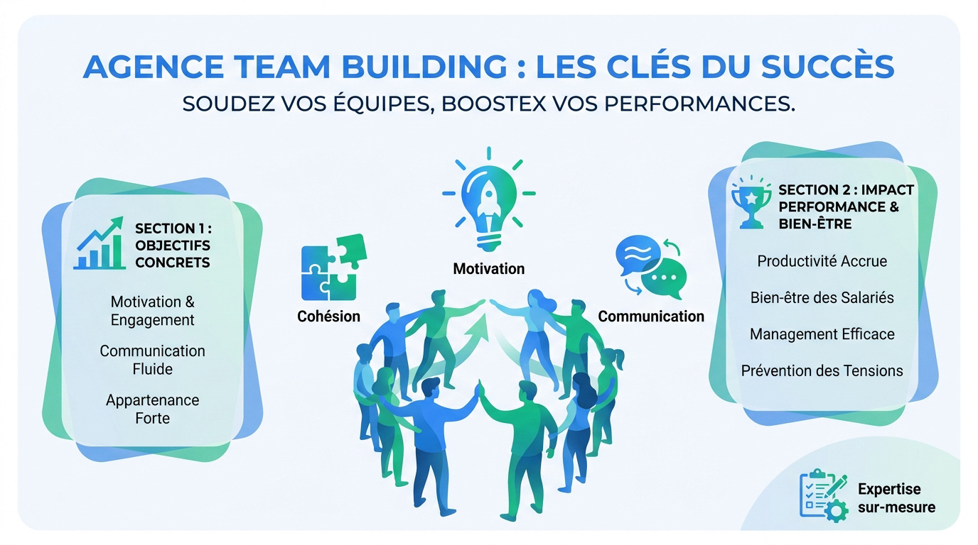 Équipe soudée lors d'une activité de team building organisée par une agence