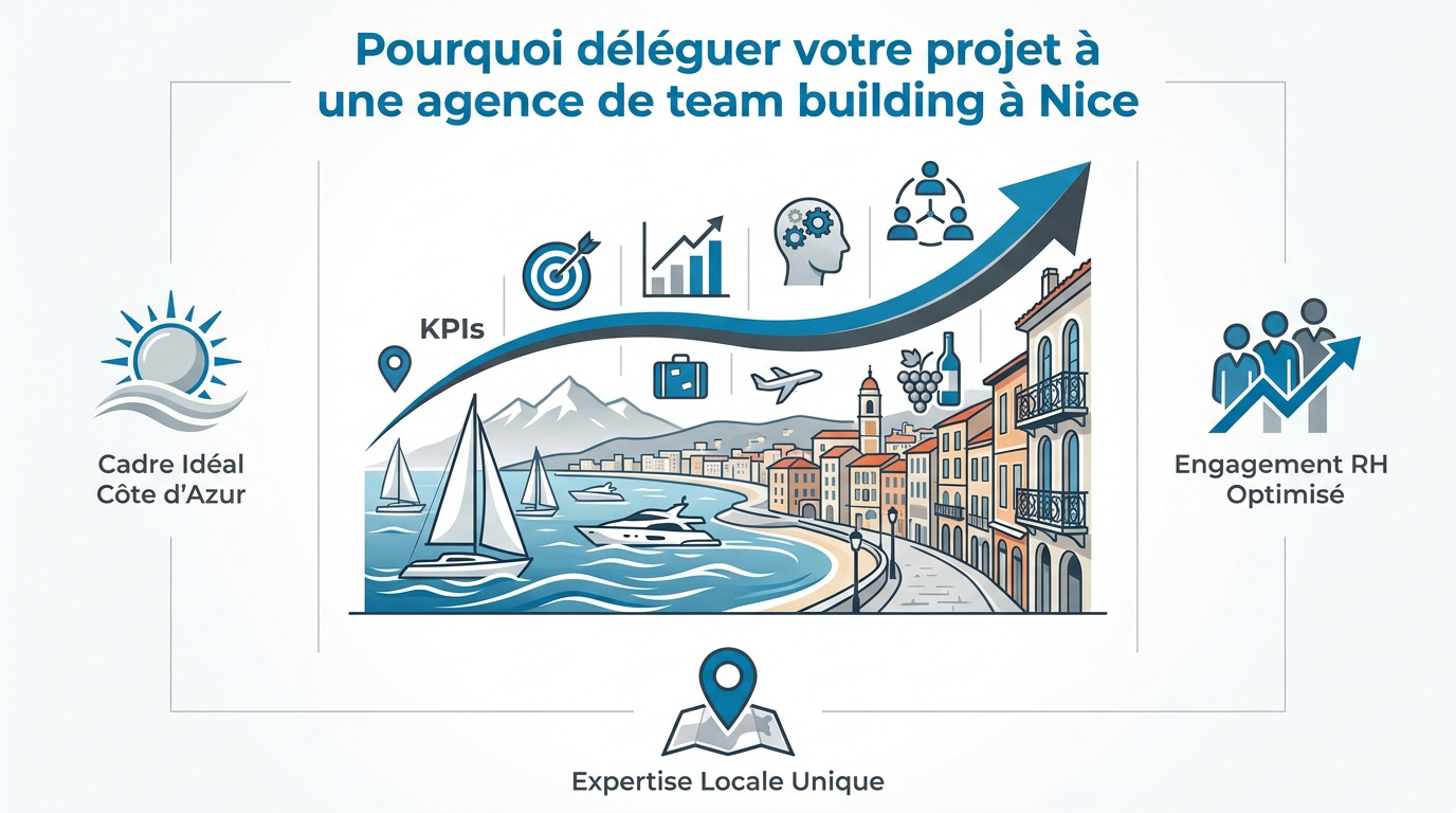 Équipe en séminaire sur la Côte d'Azur profitant d'une activité de cohésion avec une agence de team building à Nice
