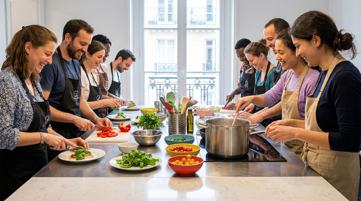 Groupe de collègues joyeux cuisinant ensemble dans un atelier à Paris.