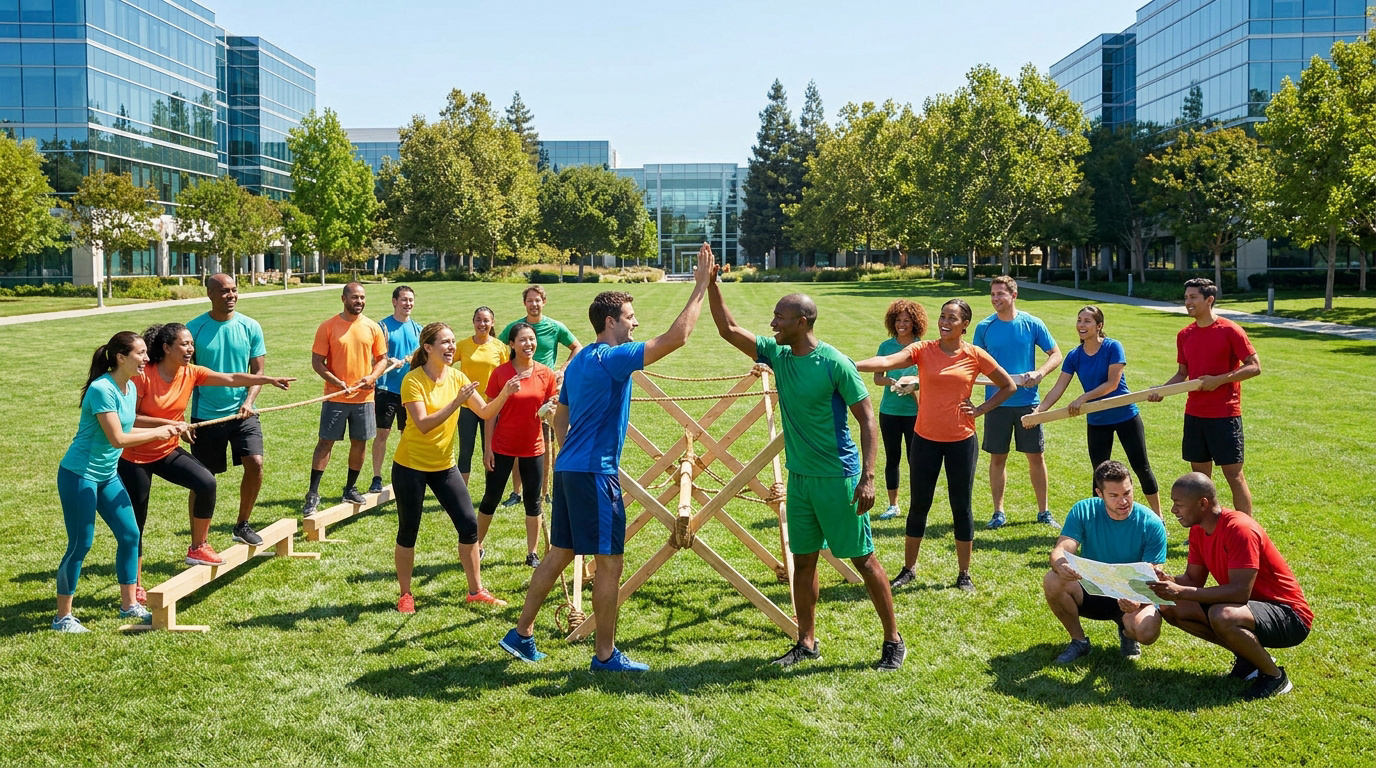 Groupe de collègues en tenue de sport réalisant des défis de cohésion d'équipe sur une pelouse devant des bureaux.