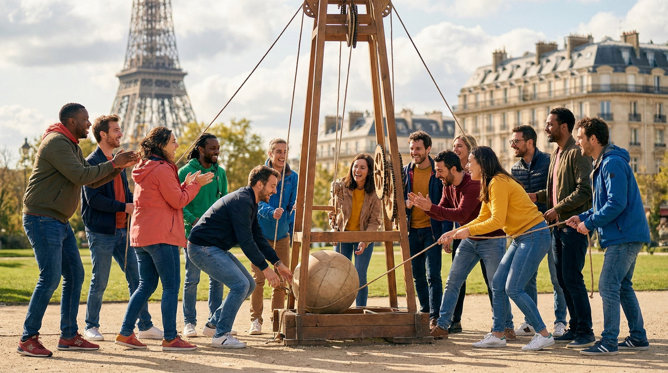 Un groupe diversifié de jeunes professionnels s'amuse ensemble en manipulant une structure en bois à Paris.