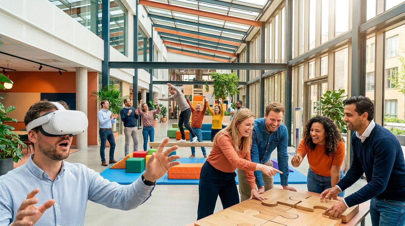 Groupe de collègues joyeux participant à une activité de team building avec un casque VR et un puzzle géant.