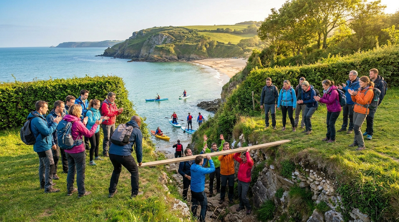 Groupe d'entreprise réalisant un atelier de team building en extérieur sur une falaise surplombant une plage normande.