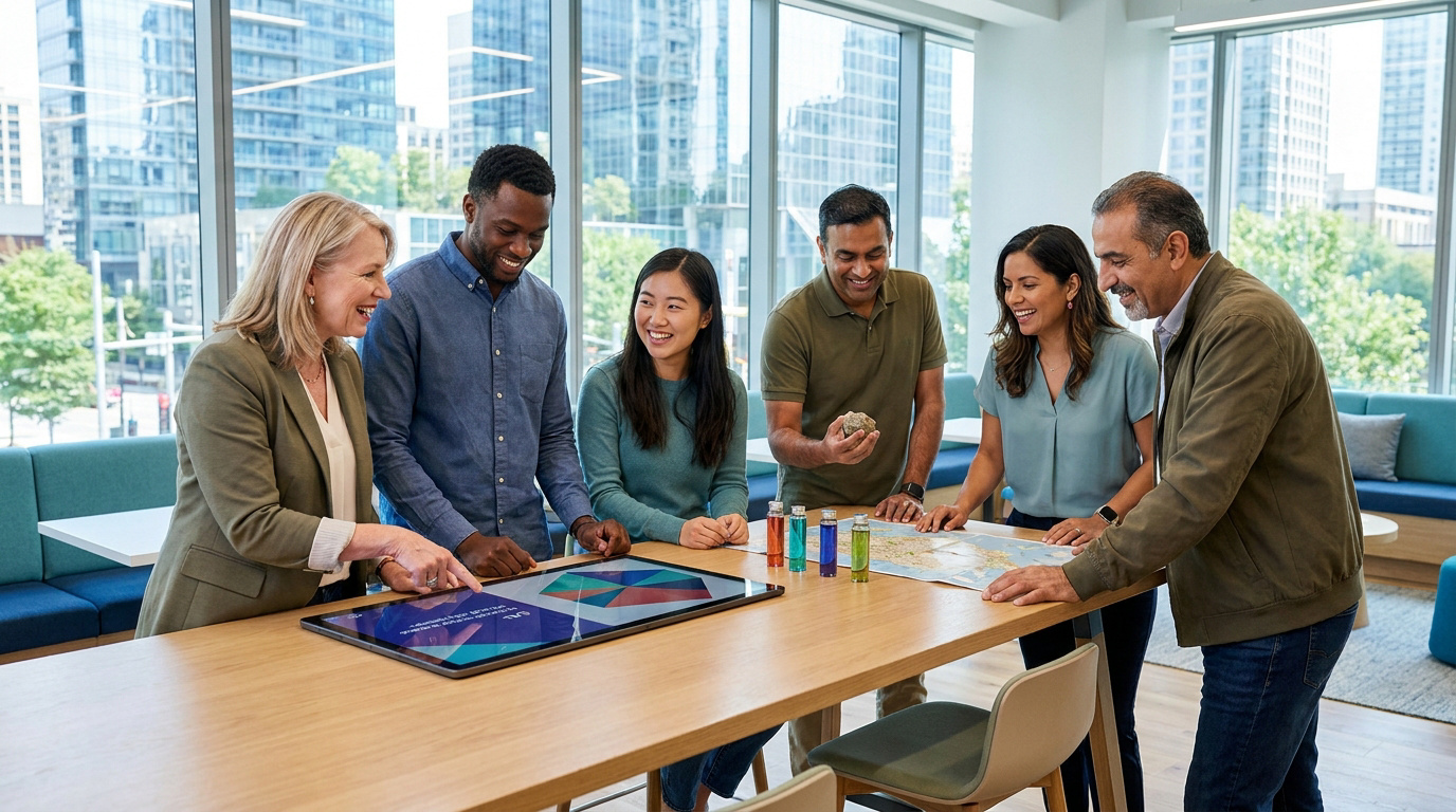 Groupe diversifié de collègues collaborant autour d'une table interactive dans un bureau lumineux avec vue sur la ville.