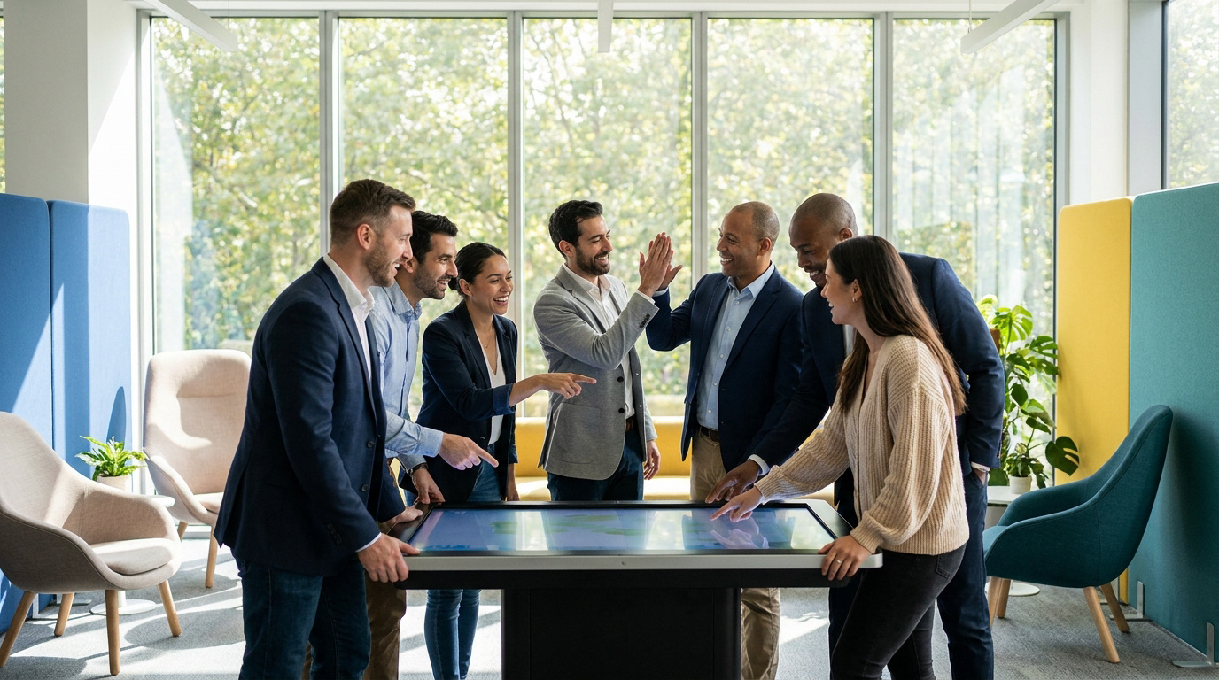 Une équipe diversifiée et souriante travaille autour d'une table tactile interactive dans un bureau moderne.