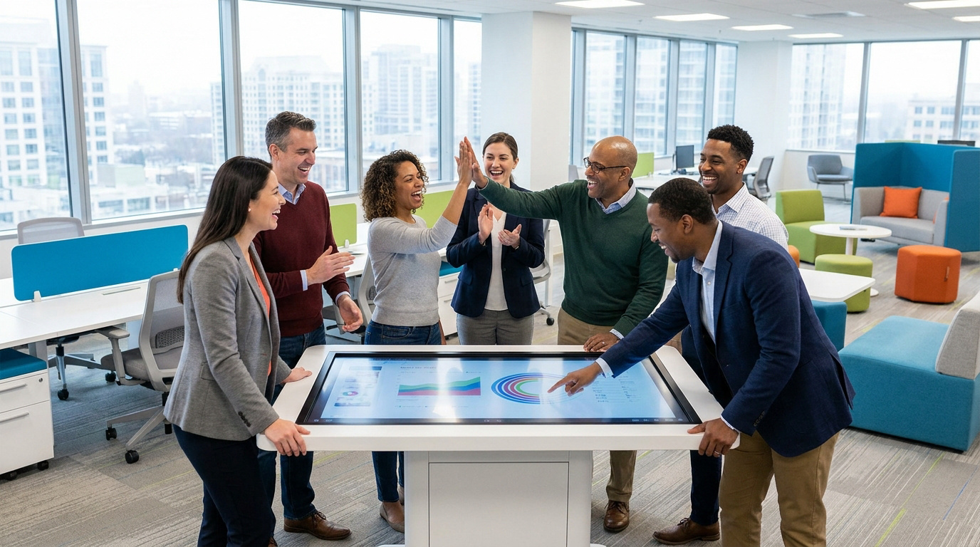 Une équipe diversifiée célèbre une réussite autour d'une table tactile interactive dans un bureau moderne lumineux.