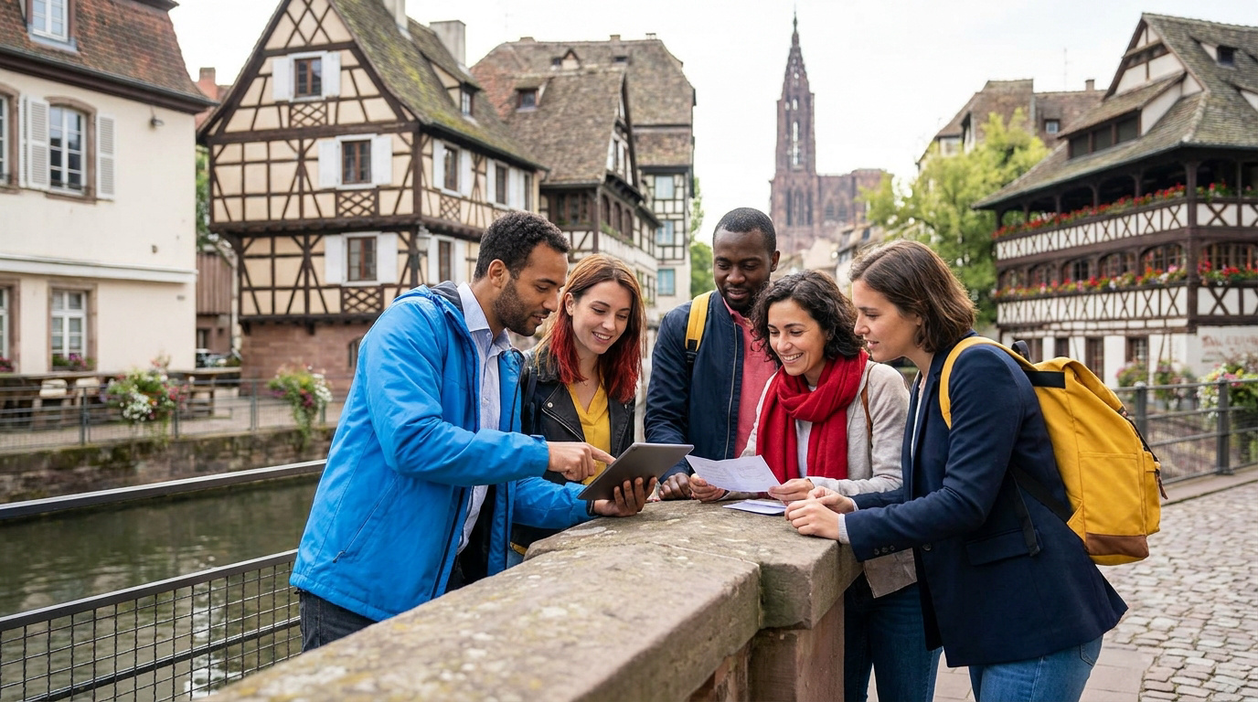 Un groupe d'amis ou de collègues utilise une tablette près des canaux de la Petite France à Strasbourg.