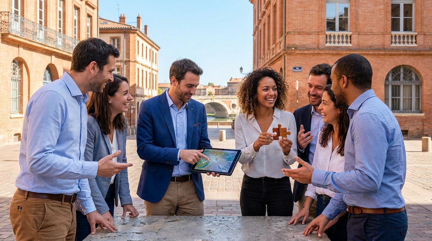 Une équipe de professionnels souriants utilisant une tablette numérique et un puzzle dans le centre-ville de Toulouse.