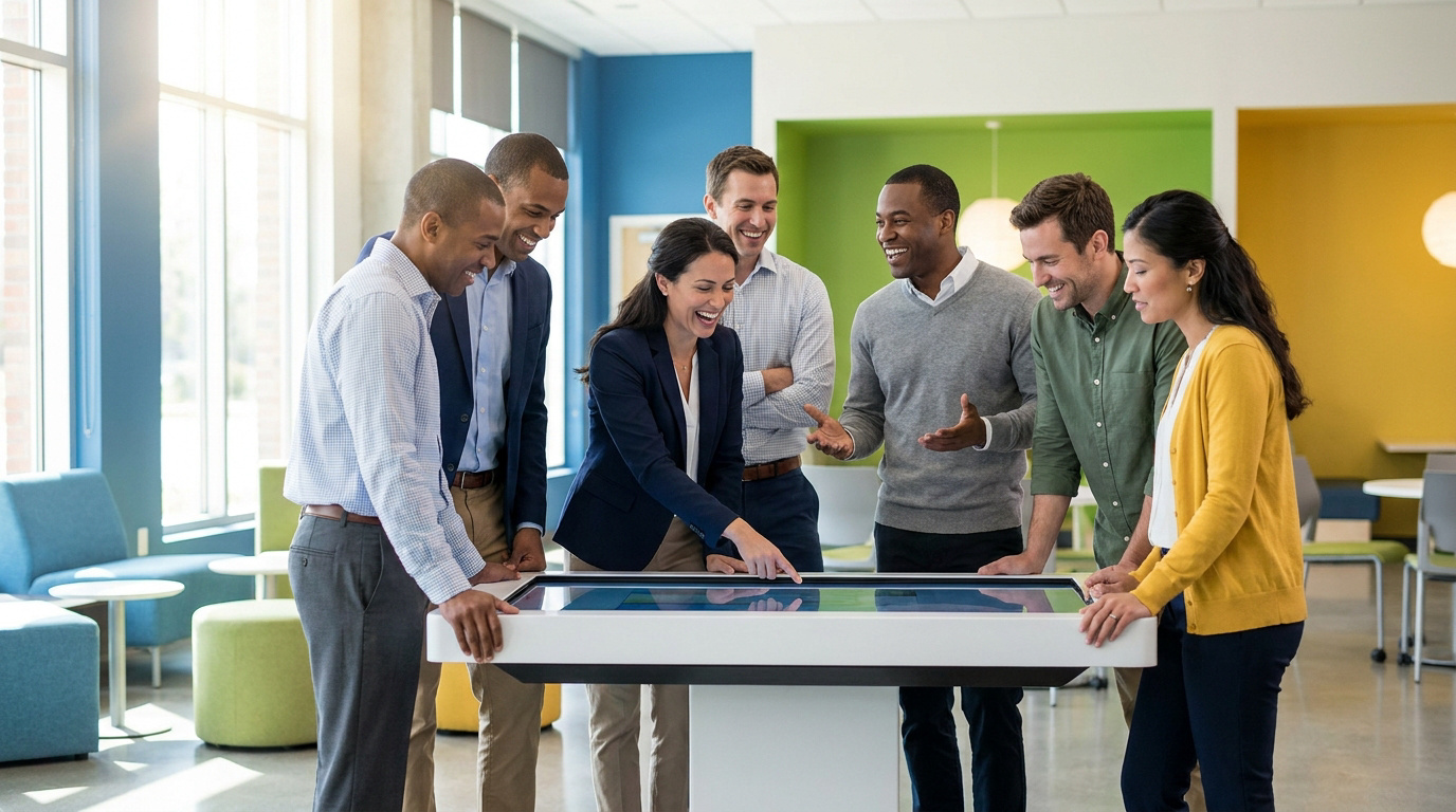Une équipe diversifiée de professionnels souriants utilisant une table tactile interactive dans un bureau moderne.
