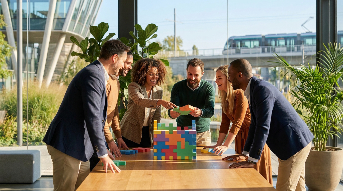 Groupe de collaborateurs souriants assemblant un puzzle en mousse coloré dans un bureau lumineux à Nantes.