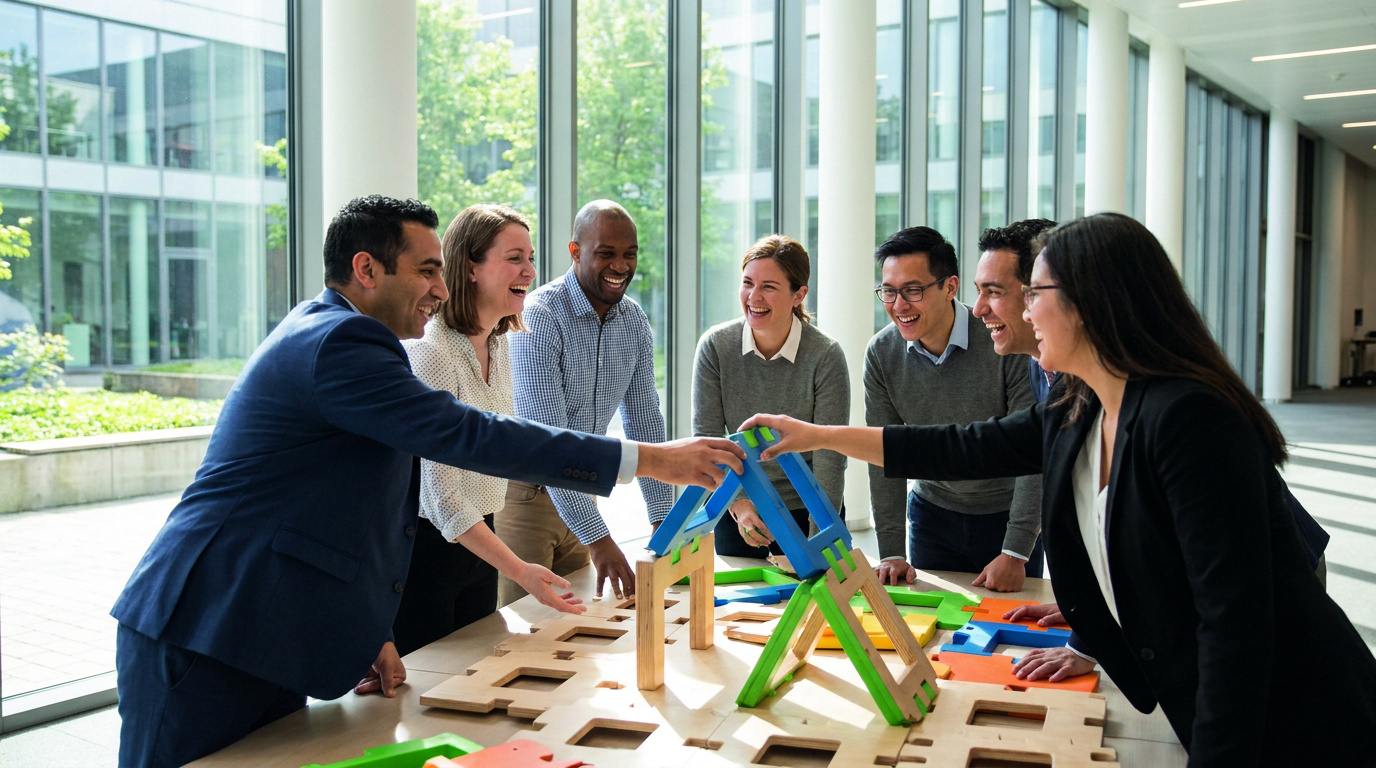 Équipe diversifiée collaborant joyeusement à la construction d'une structure en bois et plastique dans un bureau moderne.