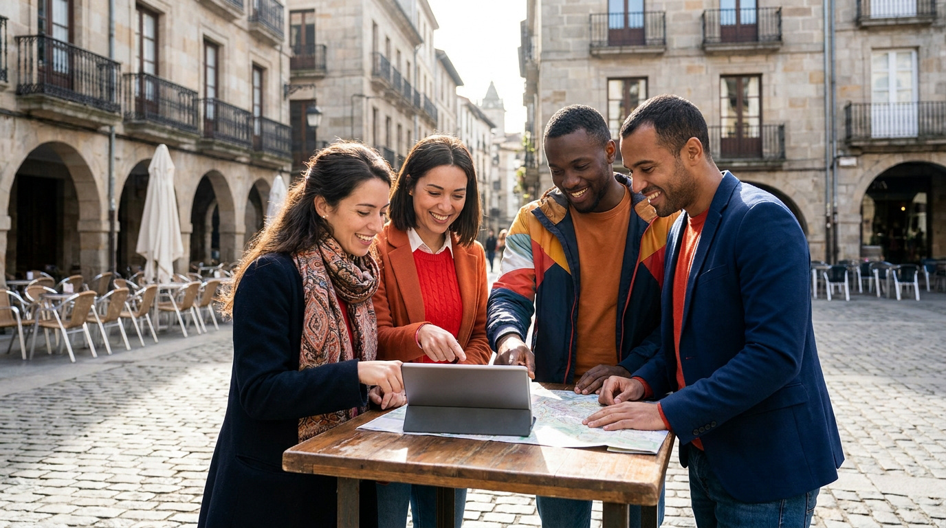 Un groupe de collègues souriants utilise une tablette et une carte sur une place pavée à Lille pour un team building.