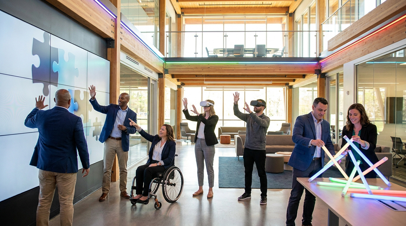 Groupe de collaborateurs en entreprise participant à une session de team building avec réalité virtuelle et jeux créatifs.
