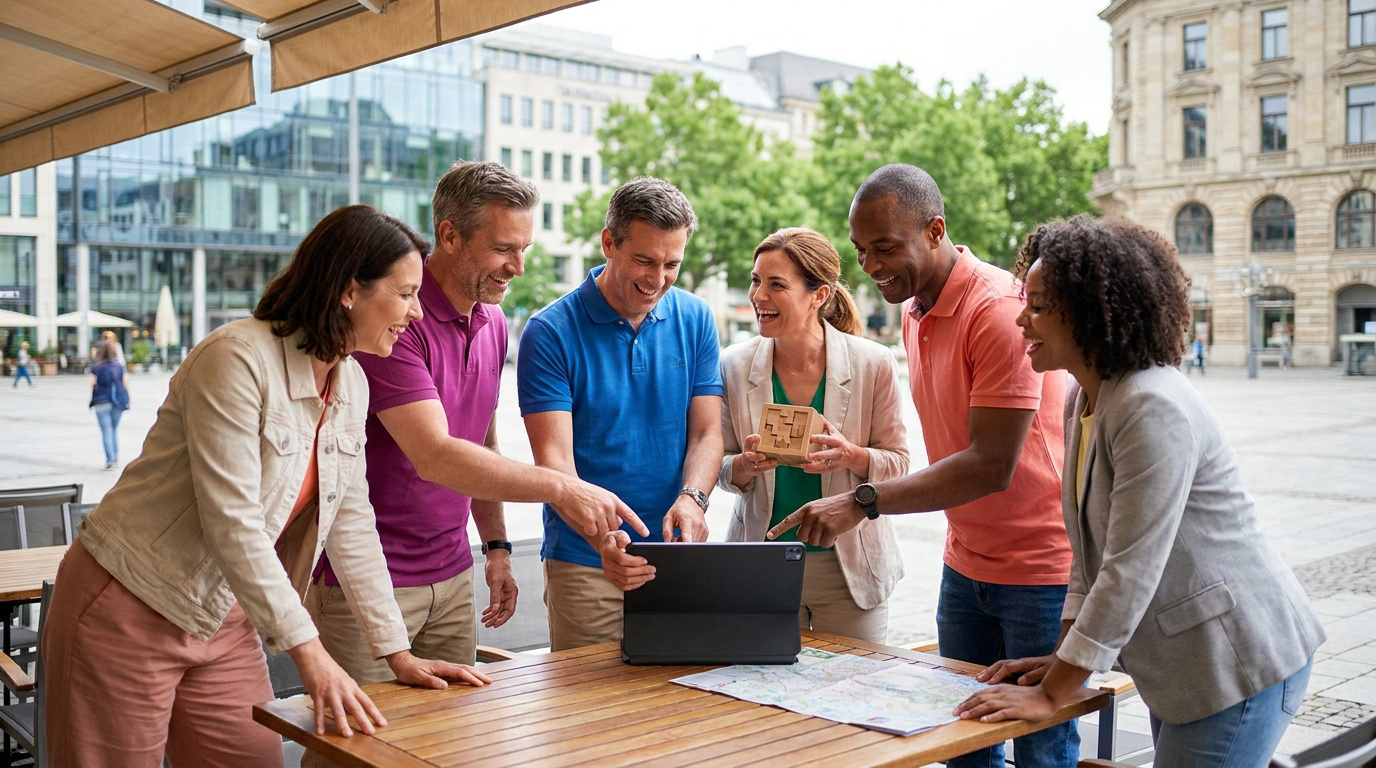 Groupe d'entreprises collaborant autour d'une tablette et d'une carte lors d'un atelier team building à Rennes.