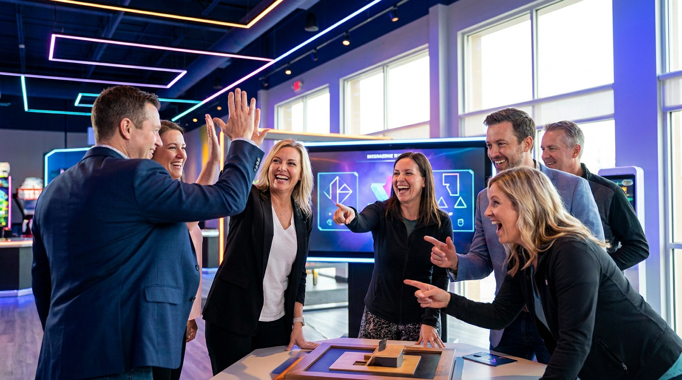Groupe de collègues enthousiastes célébrant une victoire lors d'une activité de team building interactive.