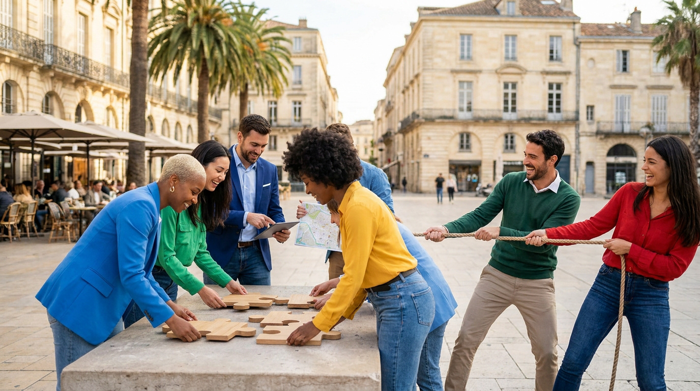 Groupe de collègues diversifié réalisant des activités de team building sur une place publique à Montpellier.