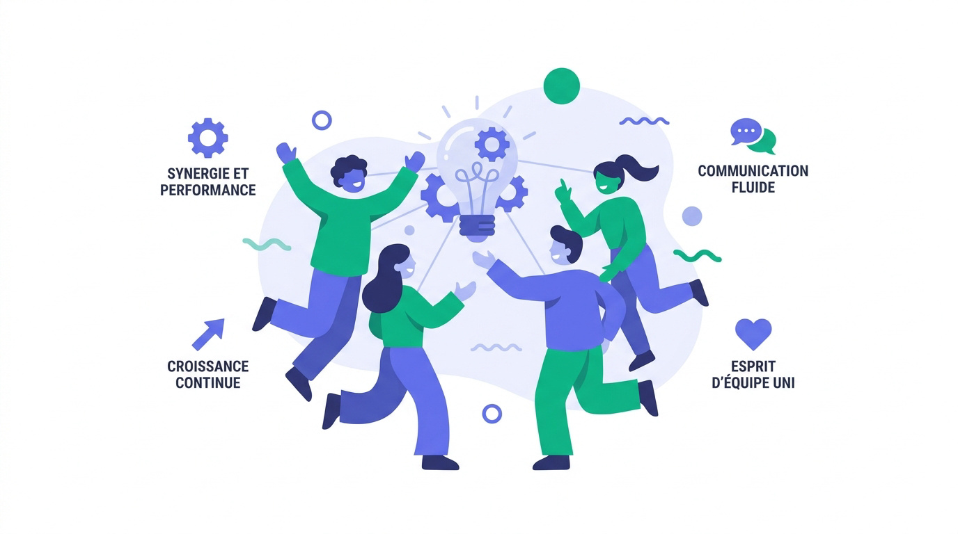 Équipe de collaborateurs collaborant avec enthousiasme sur une idée originale de team building