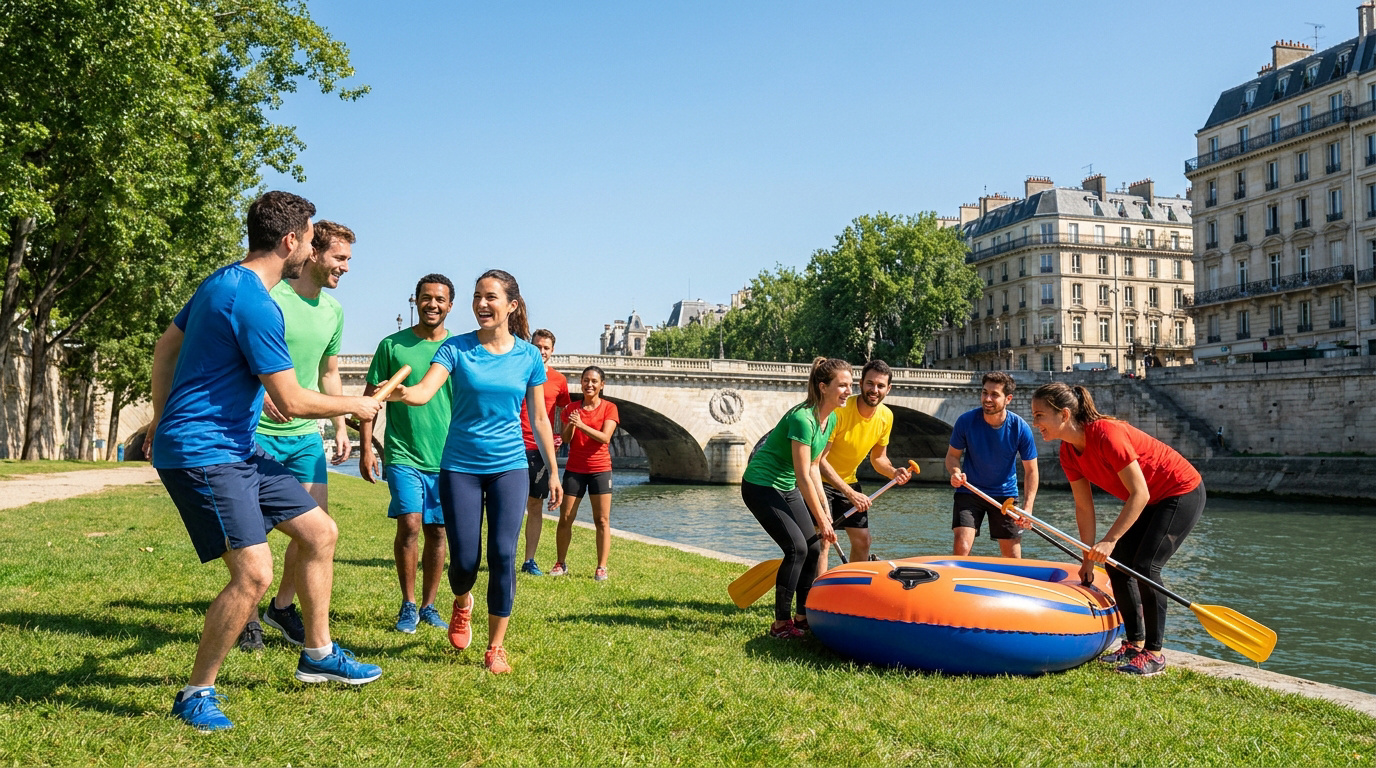 Groupe de collègues en tenue sportive participant à une activité de team building au bord de la Seine à Paris.