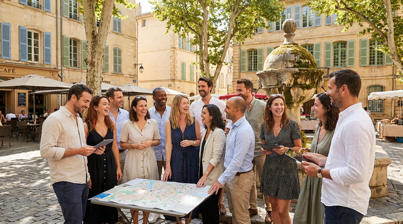 Une équipe professionnelle sourit autour d'une carte sur une place ensoleillée à Aix-en-Provence, avec une fontaine.