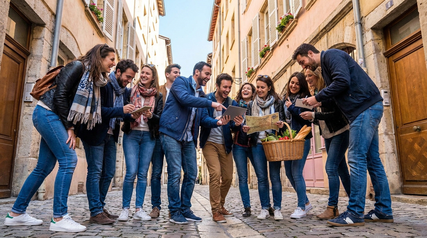 Un groupe de collègues sourit en explorant les rues pavées de Lyon avec une tablette et un panier de pique-nique.