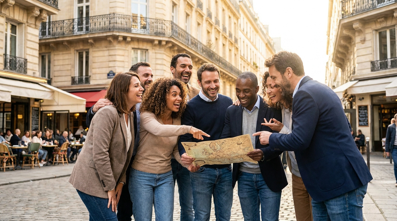 Groupe de collègues souriants consultant une carte dans une rue pavée de Paris lors d'un team building.
