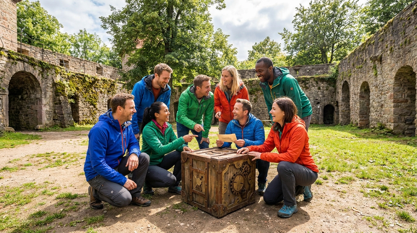 Groupe d'amis souriants en plein air résolvant une énigme autour d'un coffre en bois dans des ruines historiques.