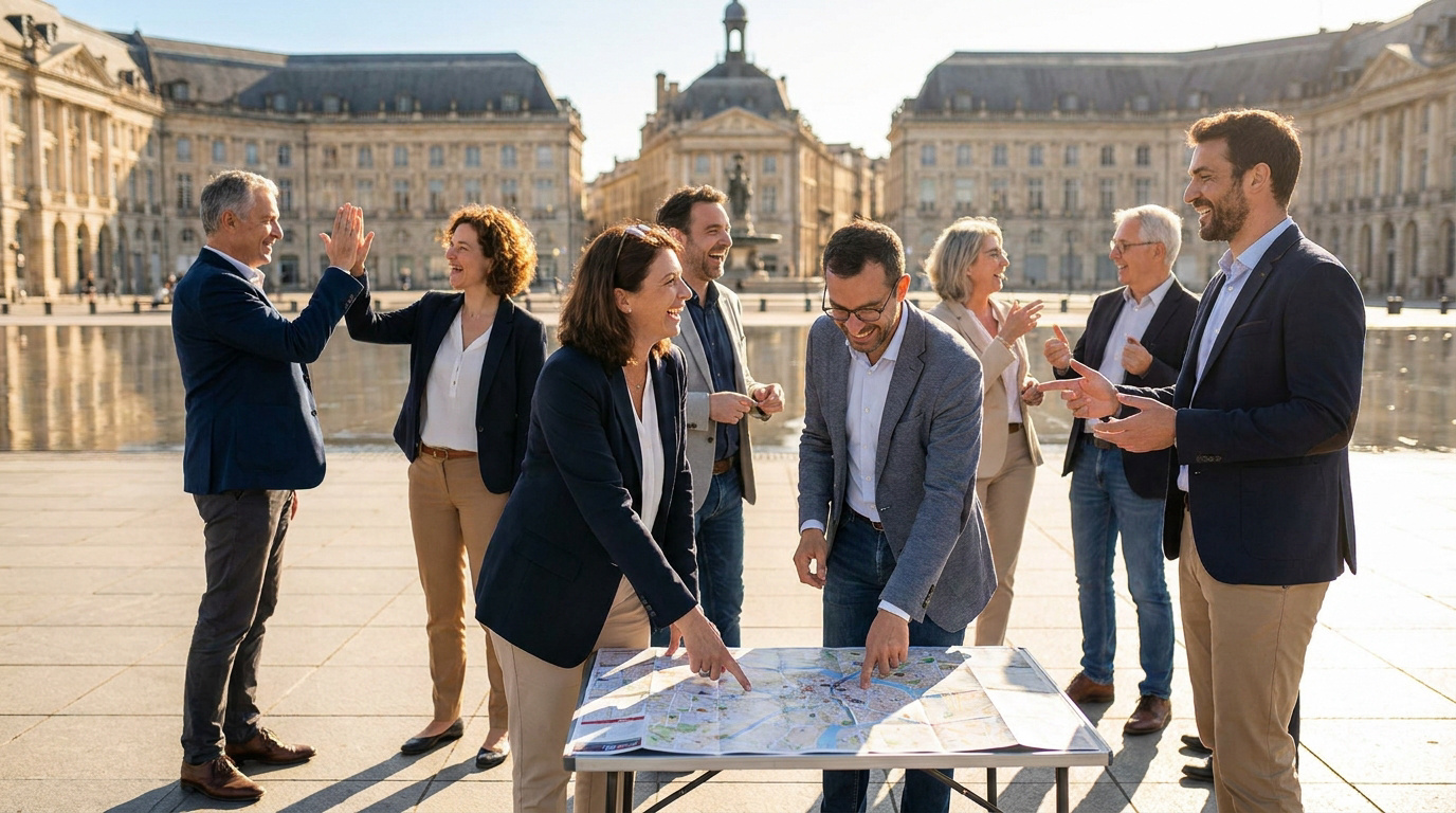 Groupe de collègues joyeux analysant une carte lors d'un team building devant la place de la Bourse à Bordeaux.