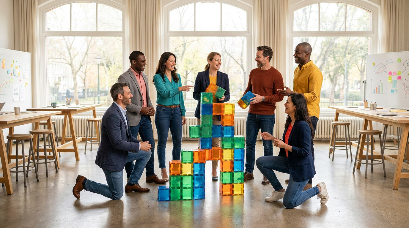 Une équipe diversifiée de professionnels assemble une structure faite de cubes translucides colorés dans un bureau.