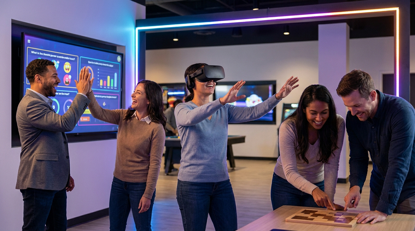Collègues enthousiastes lors d'une activité de réalité virtuelle en entreprise.