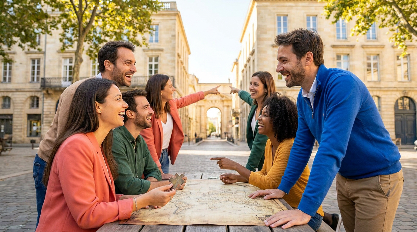 Groupe de collègues souriants autour d'une carte dans les rues historiques de Bordeaux pour un team building.
