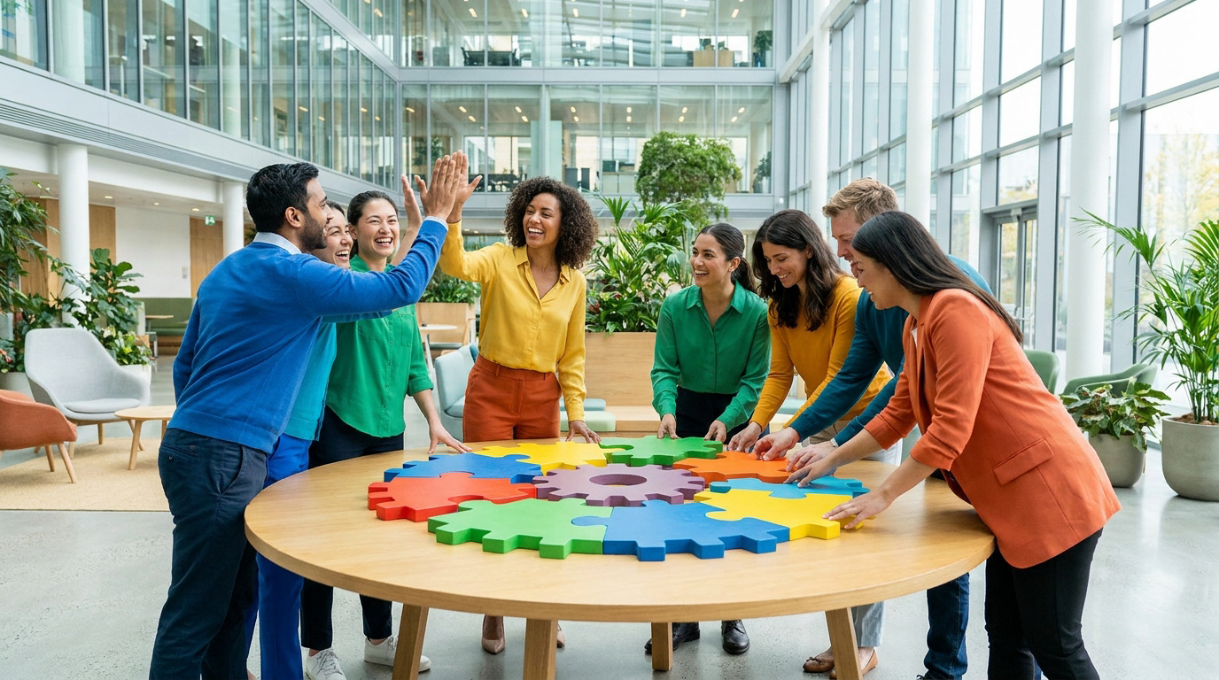 Groupe de collaborateurs diversifiés assemblant des pièces de puzzle colorées autour d'une table ronde dans un bureau.