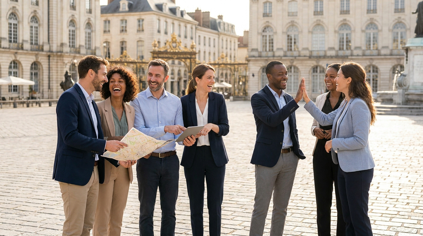 Groupe de professionnels souriants faisant un team building en plein air à Nancy sur la place Stanislas.