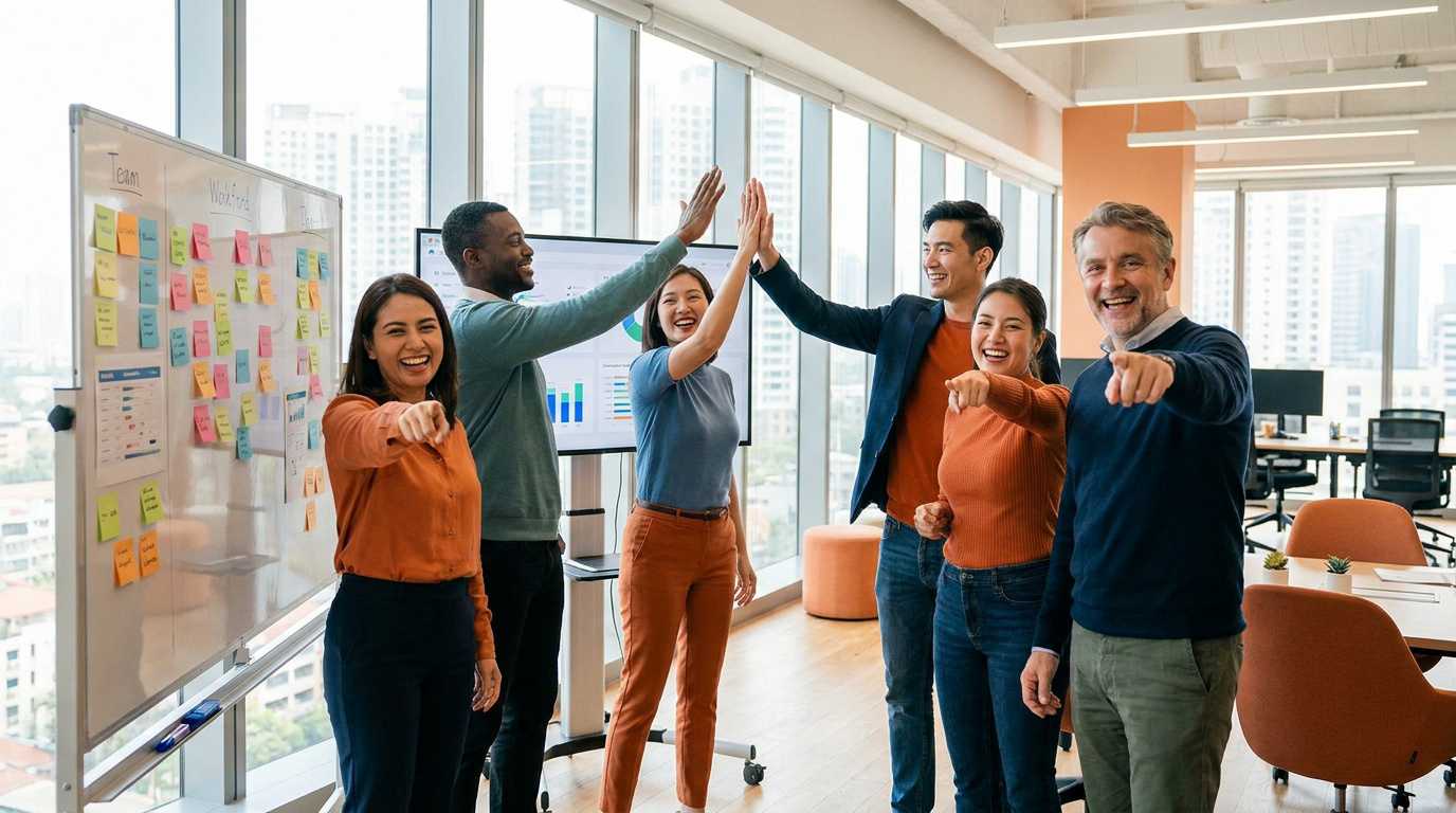 Une équipe multiculturelle enthousiaste fait un check high-five collectif dans un bureau lumineux.