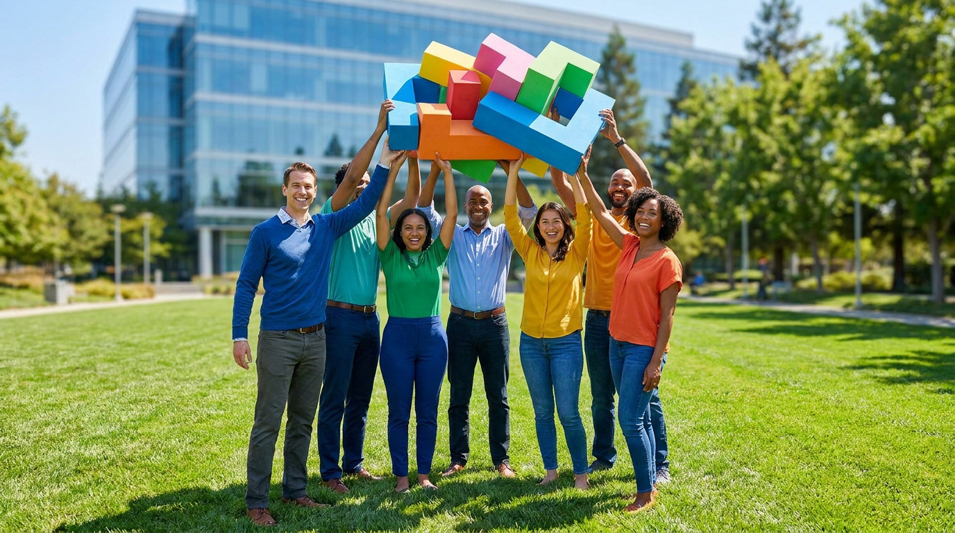 Groupe de collègues souriants portant ensemble des blocs colorés dans un parc devant un bâtiment d'entreprise.