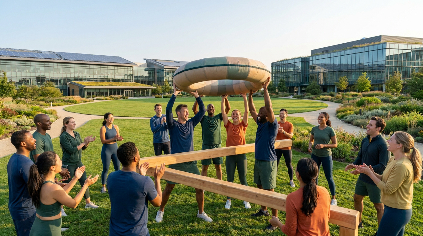 Groupe de collègues en tenue de sport coopérant sur un exercice de team building en extérieur.