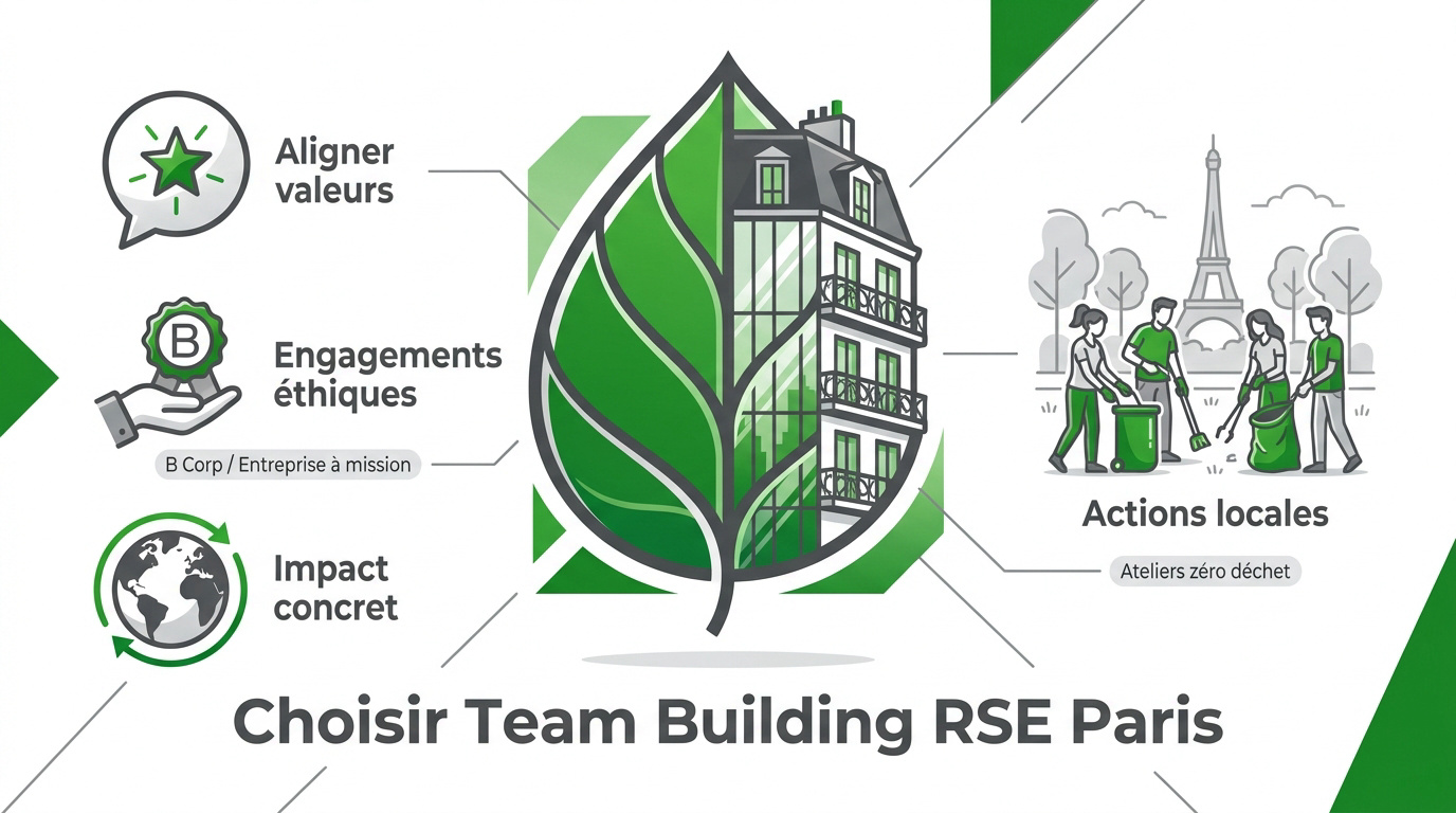 Infographie sur les critères de sélection d'un team building RSE en région parisienne