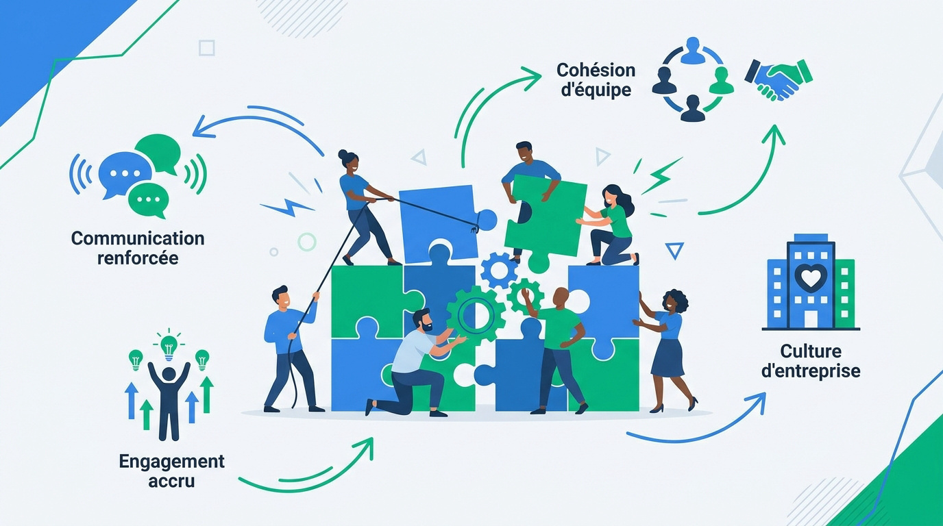 Infographie illustrant la collaboration et le succès d'une équipe en entreprise