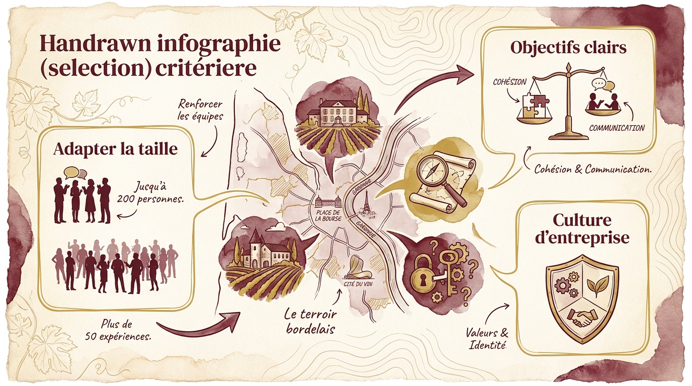 Infographie des critères de sélection pour un team building réussi à Bordeaux