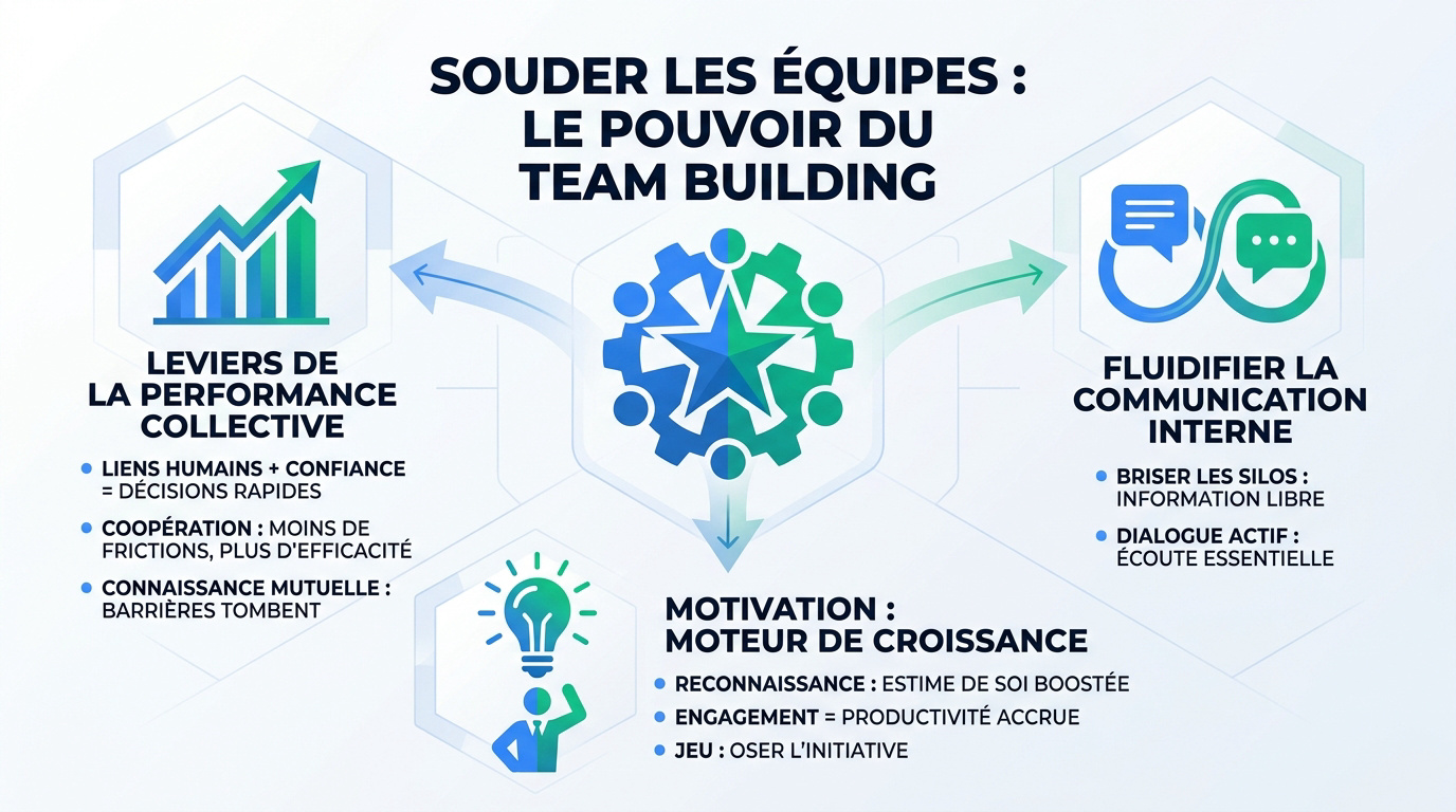 Infographie expliquant les bénéfices du team building pour la cohésion et la performance en entreprise