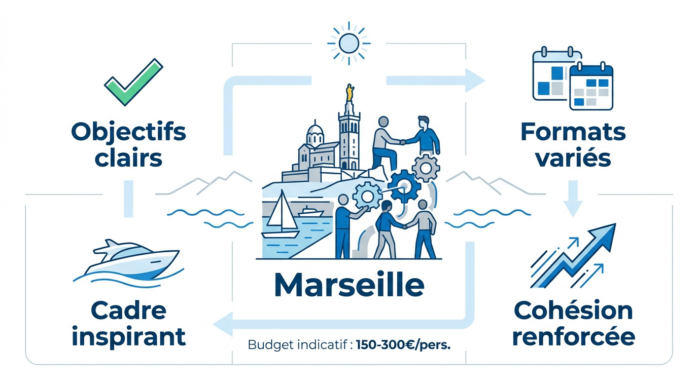 Infographie sur l'organisation d'activités de team building à Marseille